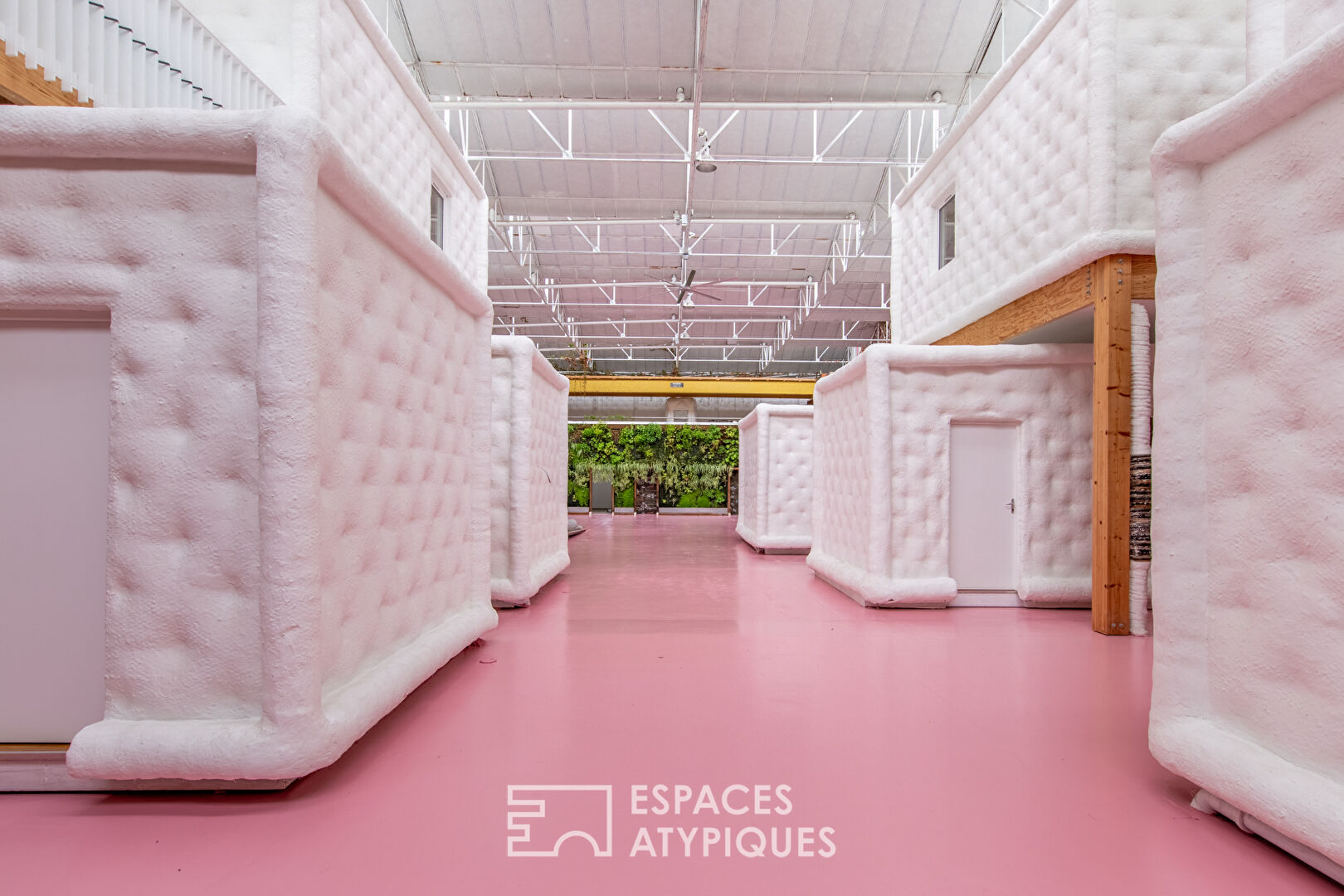 Loft industriel rose avec mur végétal